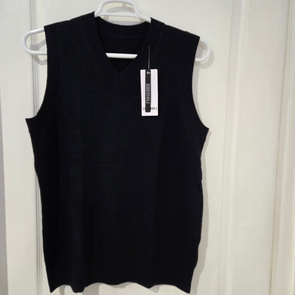 ZHILI Sweater Vest Mens L Dark Blue New Merino Wool Blend Ribbed V-Neck K2D6042A